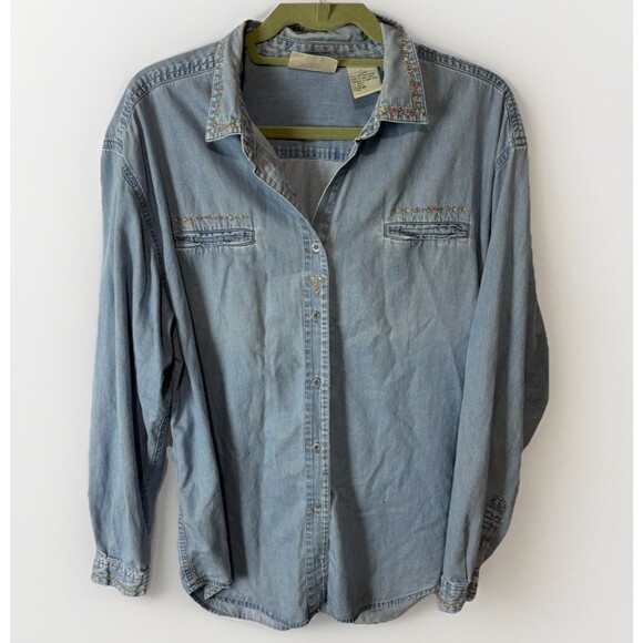 Vtg 90s Northern Reflection Women L Denim Shirt Embroidery Dainty Floral Cottage - Picture 1 of 6